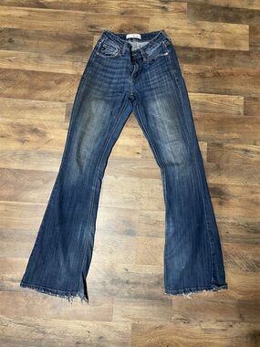KanCan Medium Dark Blue Flared Jeans with Frayed Hem